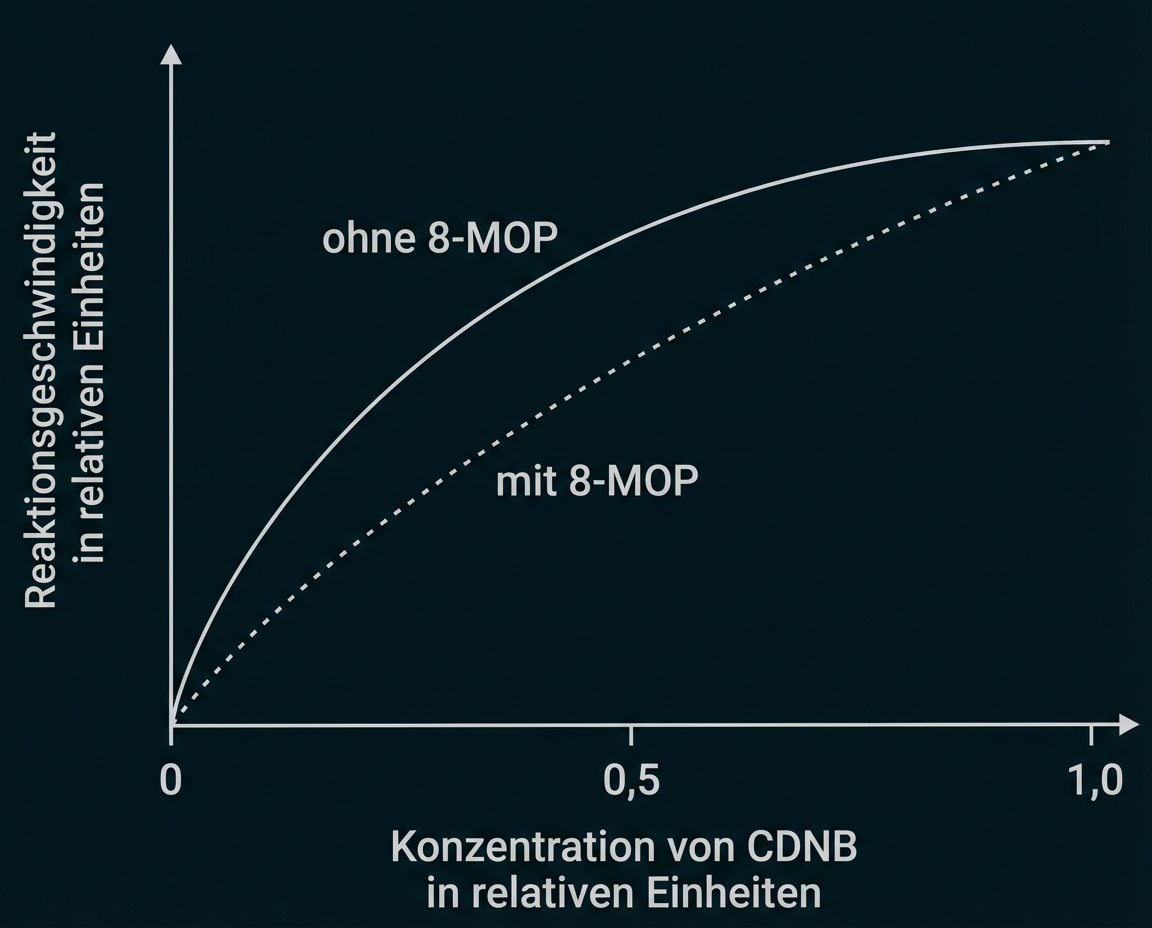 Diagramm: Reaktionsgeschwindigkeit gegen CDNB-Konzentration, zwei Kurven; ohne 8‑MOP höher als mit 8‑MOP.